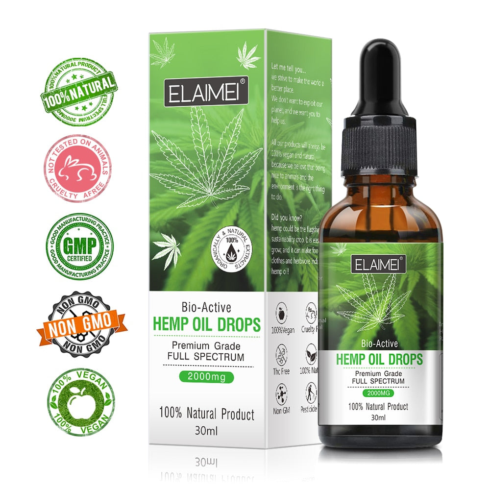 Elaimei 30ml Organic Essential Oils Hemp Seed Oil 2000MG Herbal Drops Relieve Stress cbd Oil Facial Body Skin Care Help Sleep