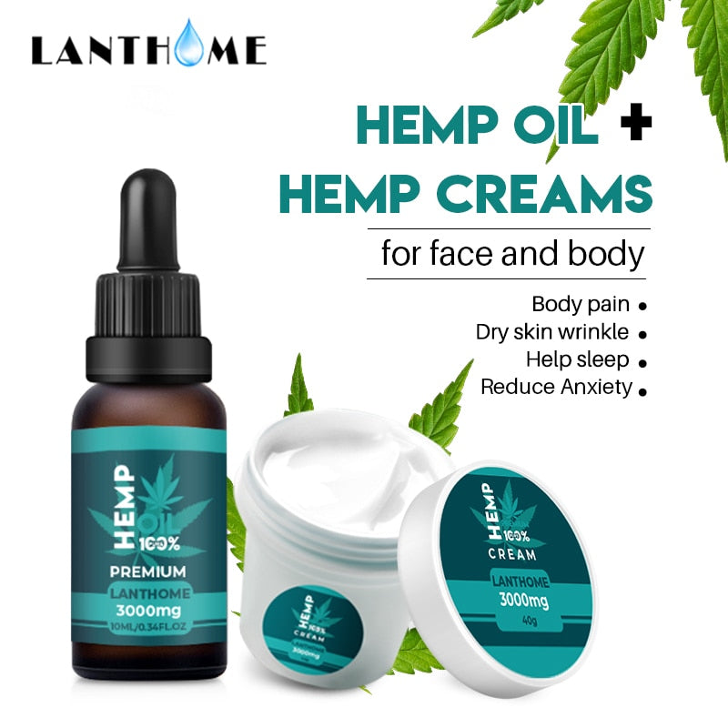 LANTHOME Hemp Oil 3000mg CBD Cream Set with Hemp Seed Oil Extract Drops for Pain Relief Anti Aging Moisturizing Brightening